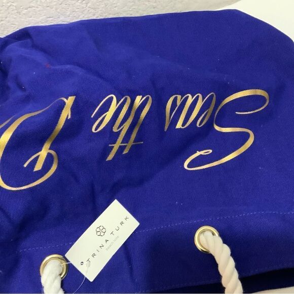 Trina Turk Large Canvas Tote Carryall Beach Bag "Seas the Day" Cobalt Blue NWT - Picture 9 of 12